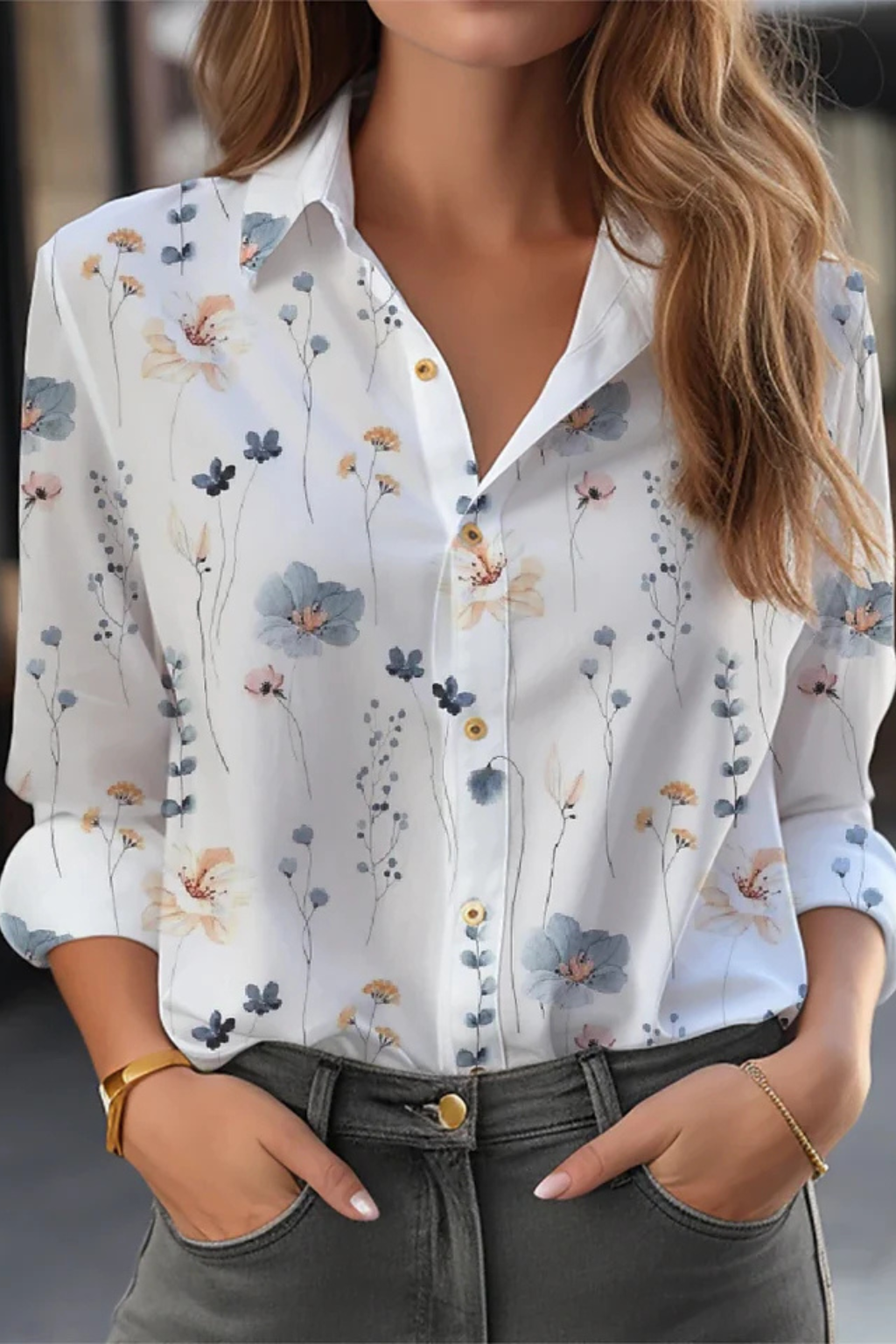 Floral Print Long Sleeve Blouse for Women - Button Down Design, Casual Wear