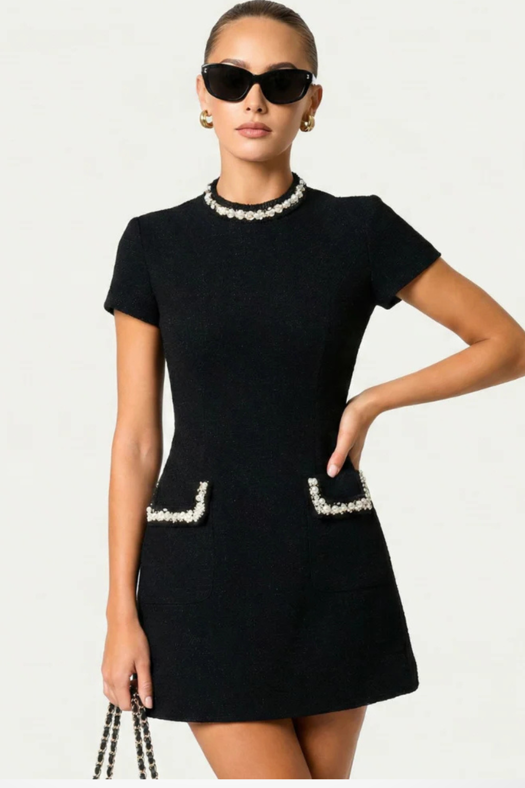 Pearl Trim Mini Dress with Pocket Detail for Women - Elegant Casual Wear