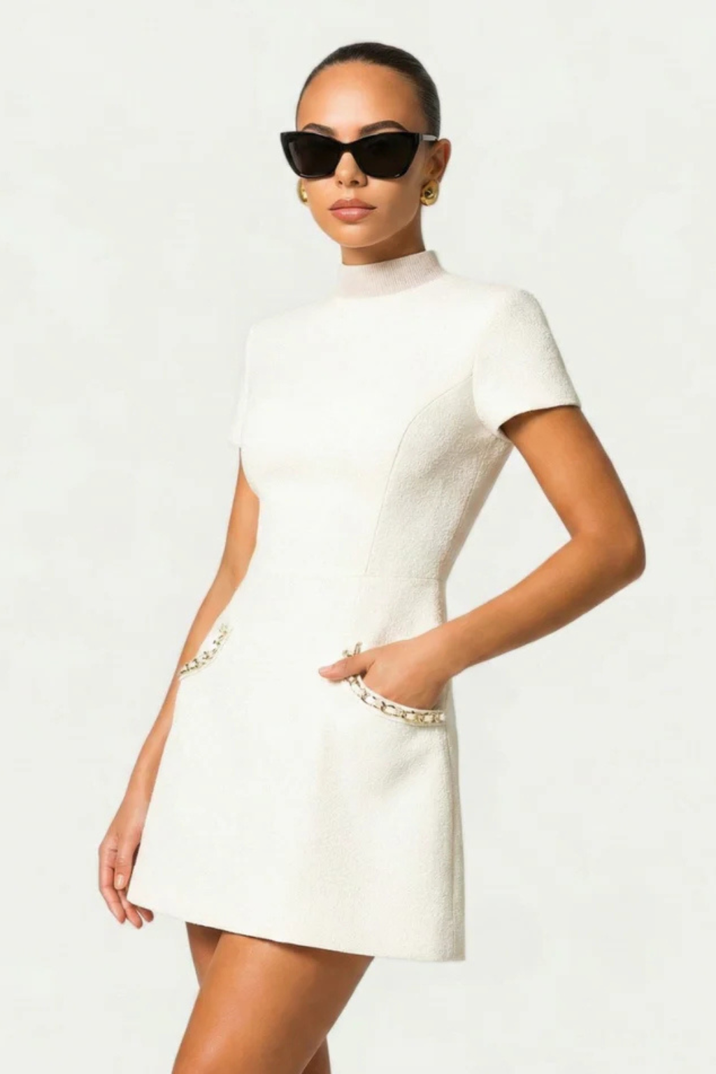 Pearl Trim Mini Dress with Pocket Detail for Women - Elegant Casual Wear