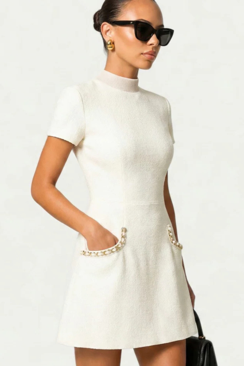 Pearl Trim Mini Dress with Pocket Detail for Women - Elegant Casual Wear