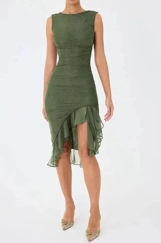 Ruched Sleeveless Midi Dress for Women | Elegant Wedding Guest Attire