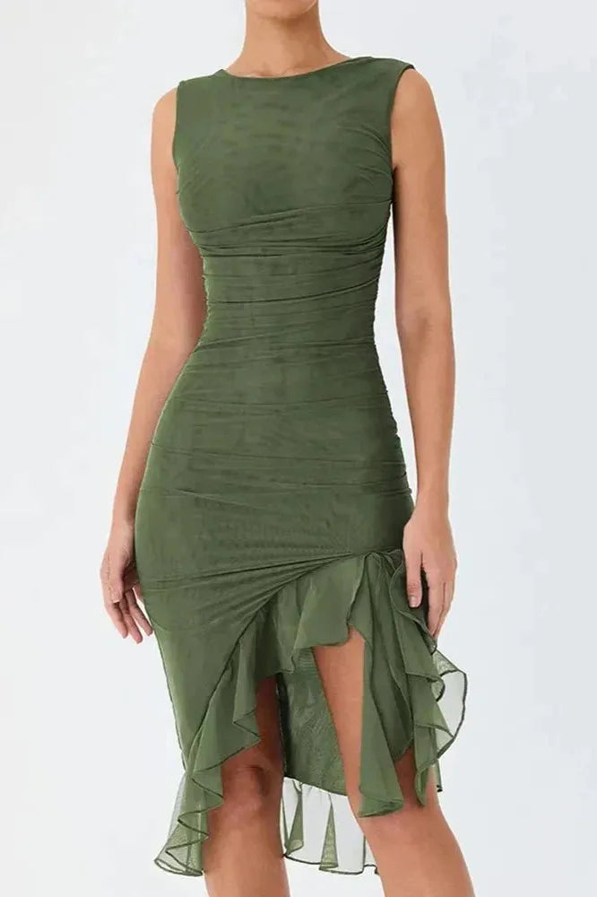 Ruched Sleeveless Midi Dress for Women | Elegant Wedding Guest Attire
