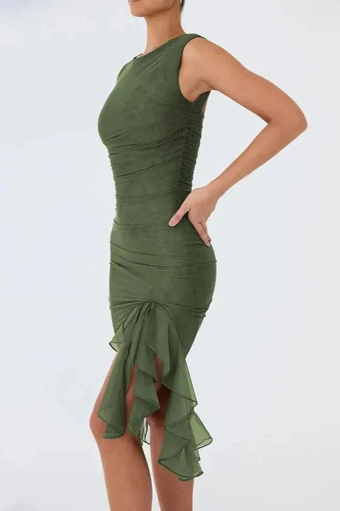 Ruched Sleeveless Midi Dress for Women | Elegant Wedding Guest Attire