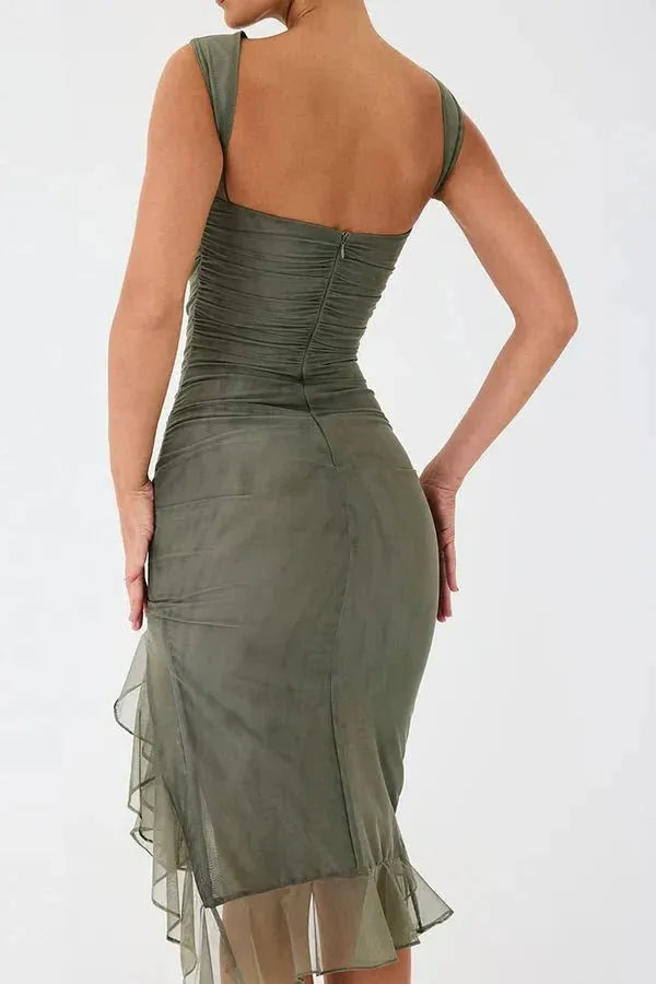 Ruched Sleeveless Midi Dress for Women | Elegant Wedding Guest Attire