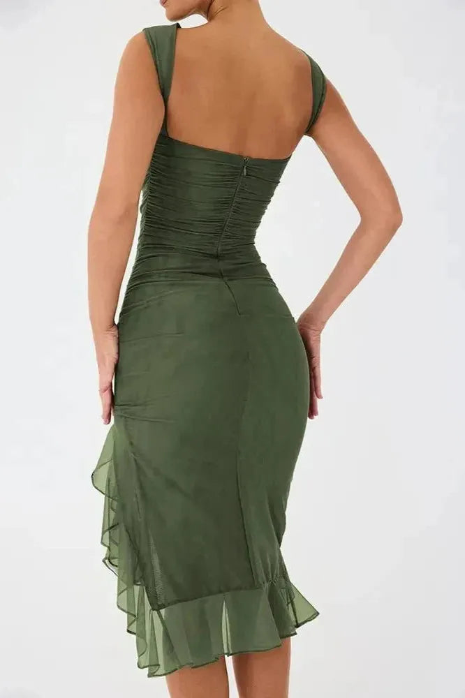 Ruched Sleeveless Midi Dress for Women | Elegant Wedding Guest Attire