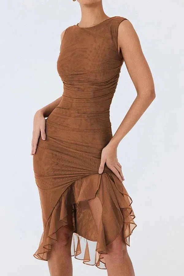 Ruched Sleeveless Midi Dress for Women | Elegant Wedding Guest Attire