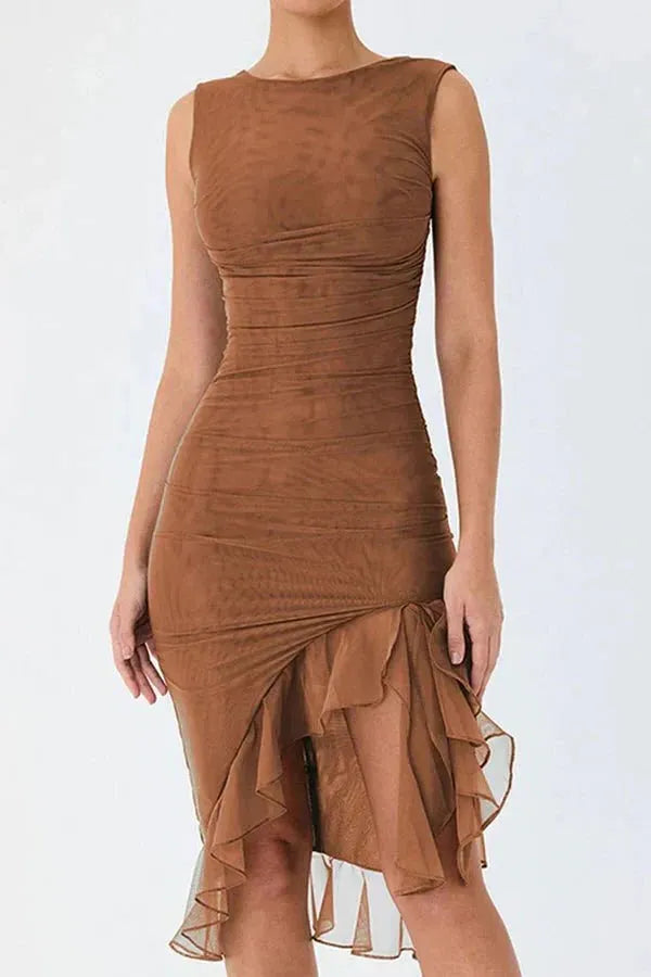Ruched Sleeveless Midi Dress for Women | Elegant Wedding Guest Attire