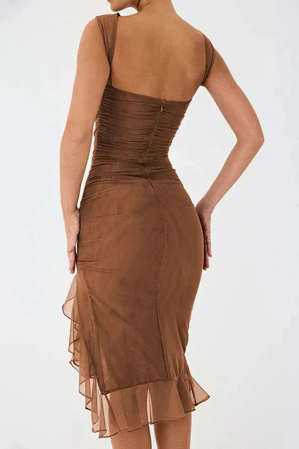 Ruched Sleeveless Midi Dress for Women | Elegant Wedding Guest Attire