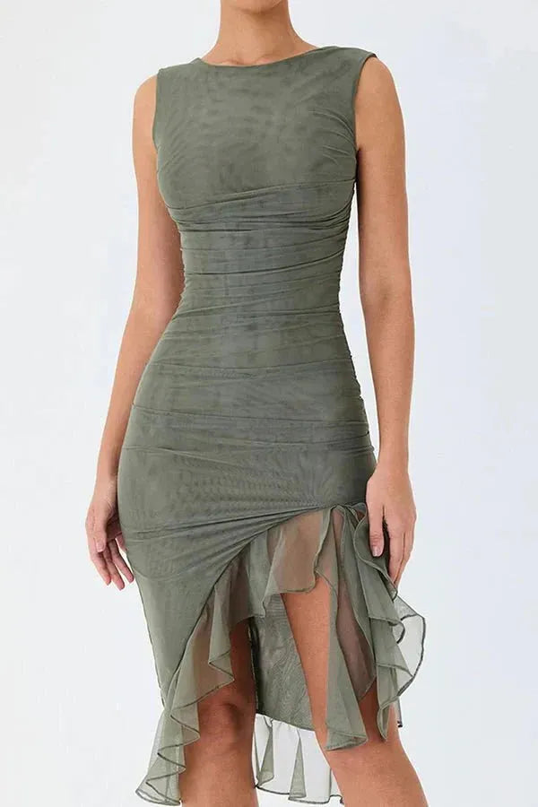 Ruched Sleeveless Midi Dress for Women | Elegant Wedding Guest Attire