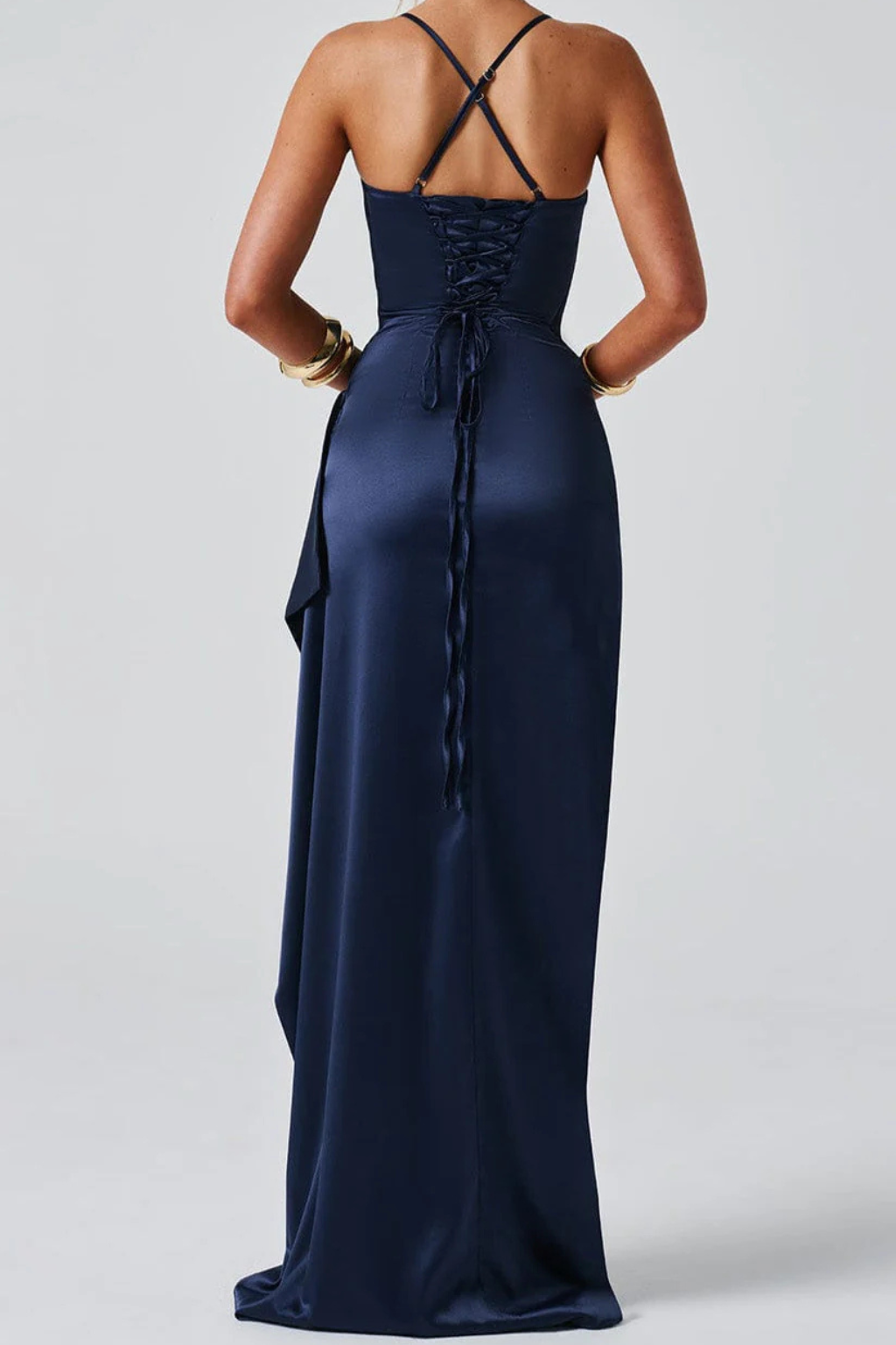 Spaghetti Strap Ruched Maxi Dress with High Slit for Wedding Guests