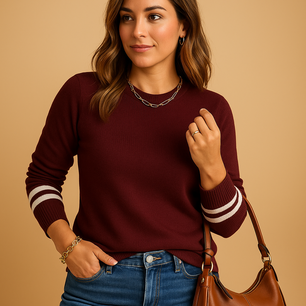 Women's Knit Sweater with Striped Sleeves | Elegant Casual Wear for Fall and Winter