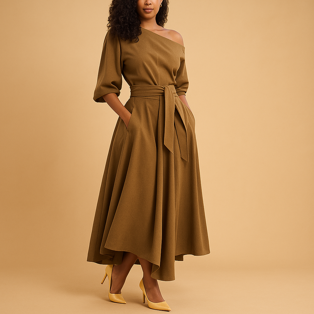 Elegant Midi Dress with Waistband for Women - Stylish Casual Wear in Soft Fabric