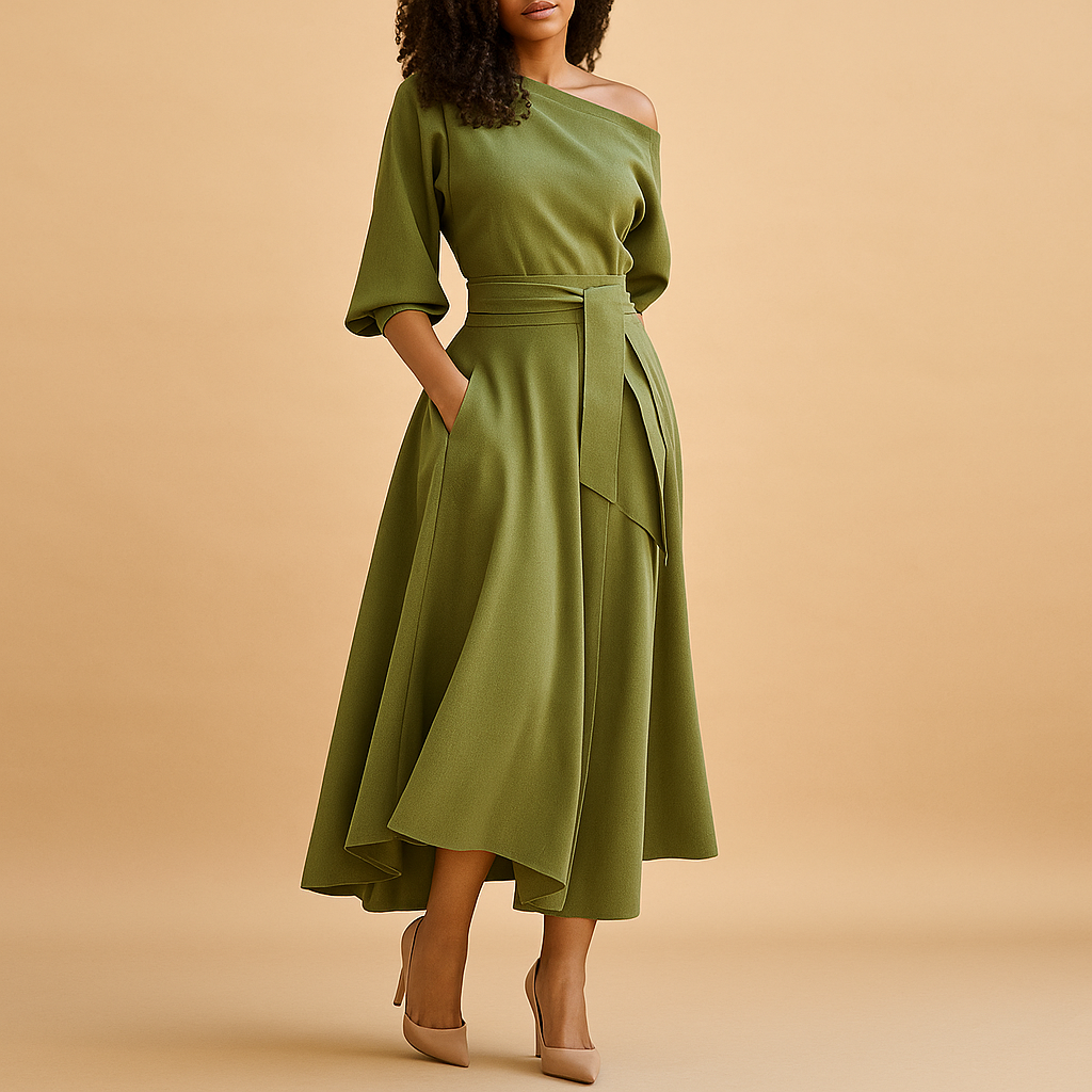 Elegant Midi Dress with Waistband for Women - Stylish Casual Wear in Soft Fabric