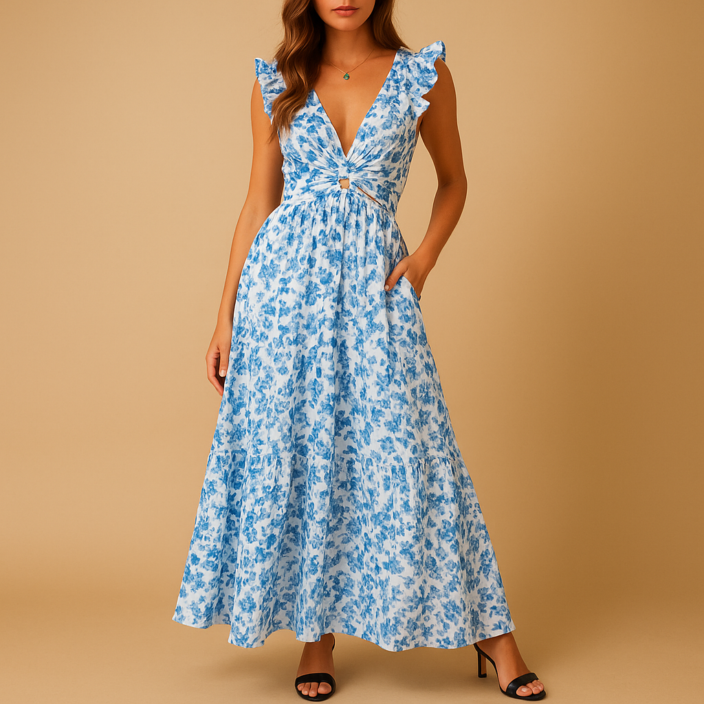 Floral Ruffle Maxi Dress with Deep V-Neck for Women - Elegant Summer Wear