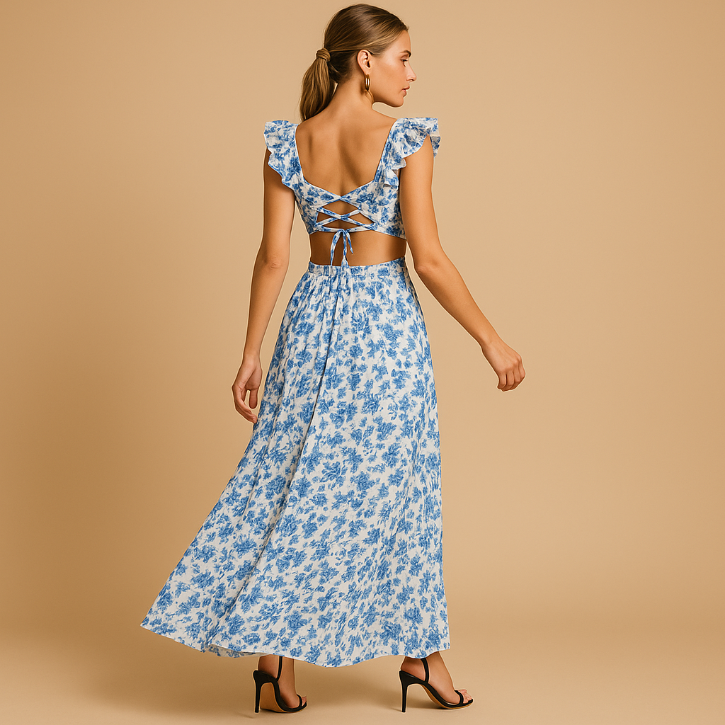 Floral Ruffle Maxi Dress with Deep V-Neck for Women - Elegant Summer Wear