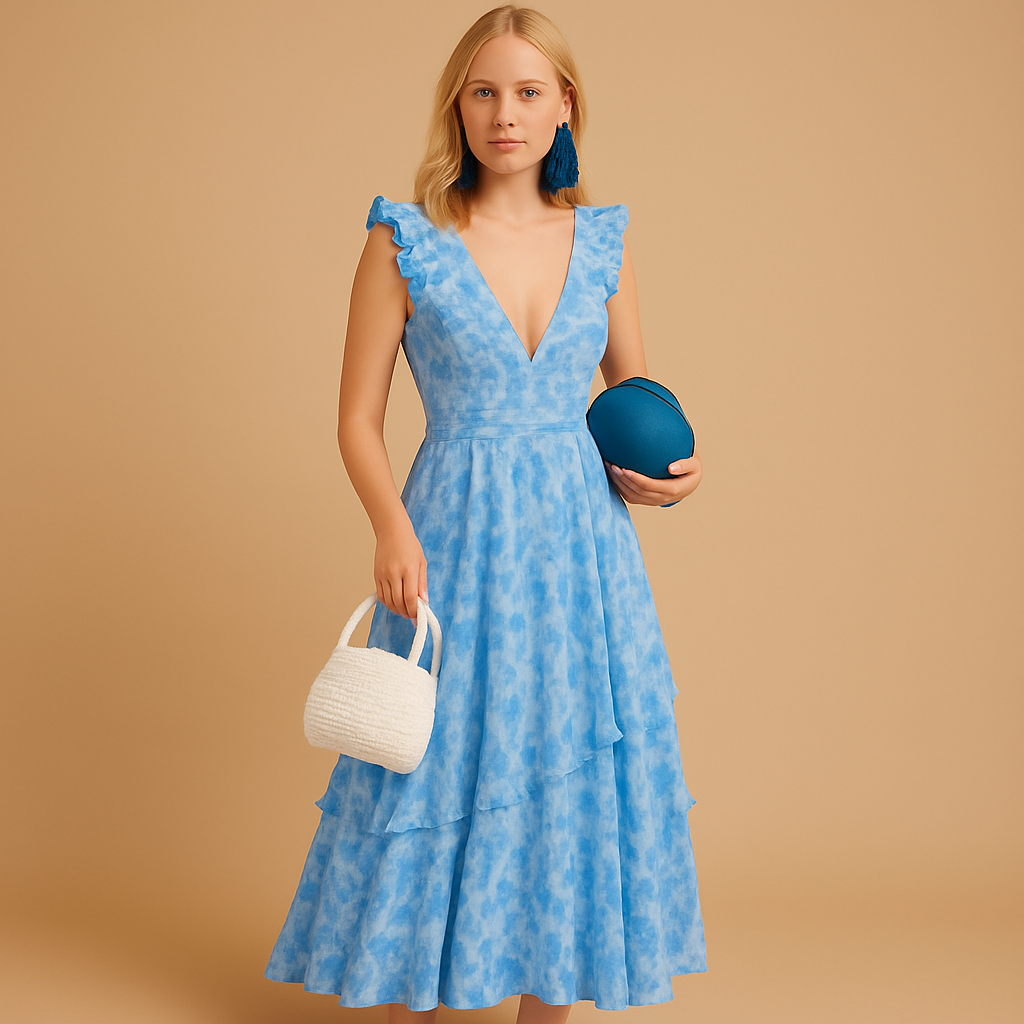 Floral Ruffle Maxi Dress with Deep V-Neck for Women - Elegant Summer Wear