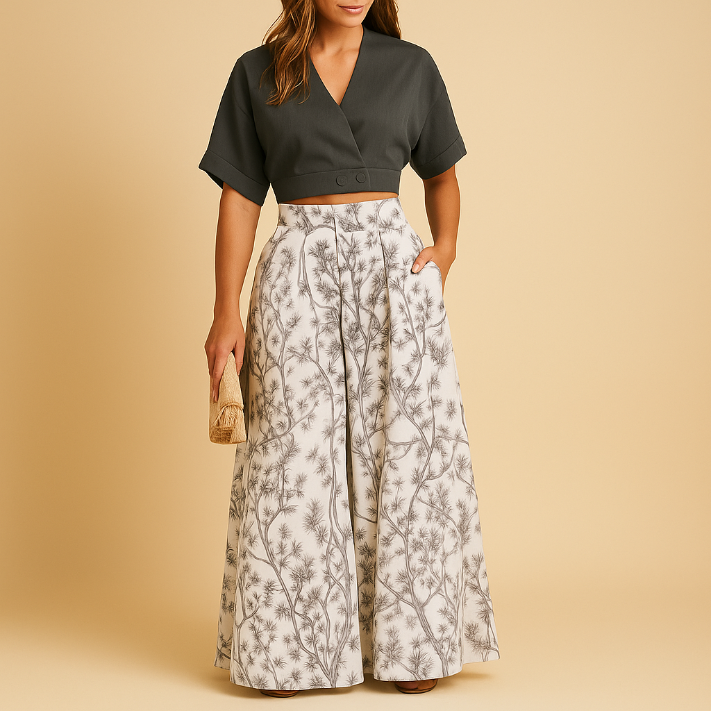 Floral Print Women's Summer Set - Lightweight Top and Wide Leg Pants for Casual Wear