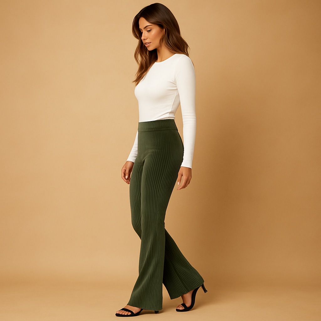High Waist Flared Corduroy Pants for Women - Stylish Casual Trousers in Ruby Color